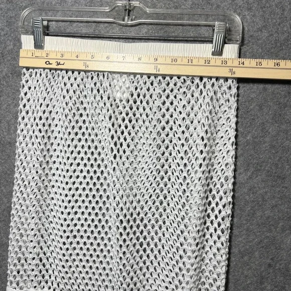 BLU White Fishnet Mesh Fringe Midi Skirt Asymmetrical Hem Large Coastal Festival - Picture 2 of 6